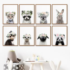 Poster Kids Tiere with Blumenkranz Hase Panda & Koala Bär as Decor Print without
